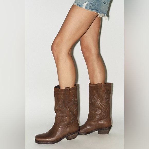 Zara Shoes - Zara embroidered leather square toe cowboy western boots sz.8